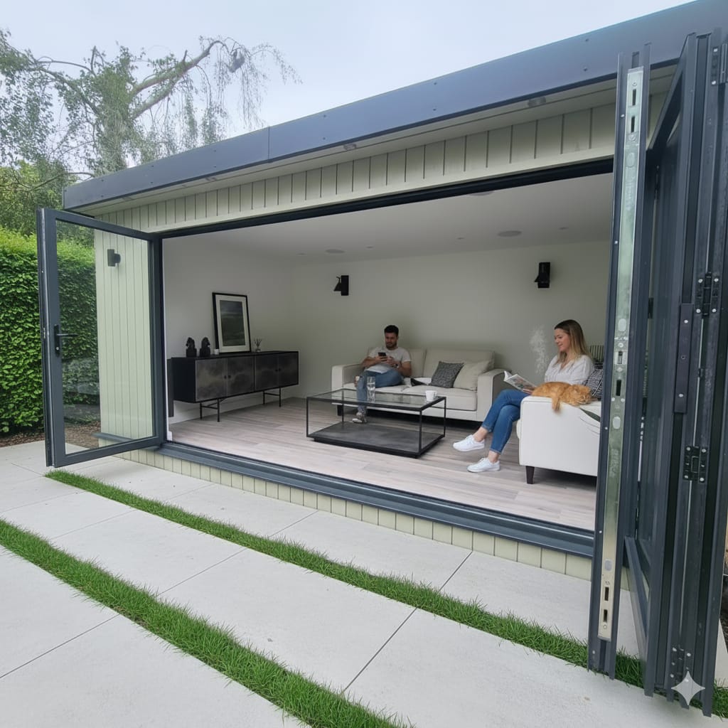 A sage green painted garden room